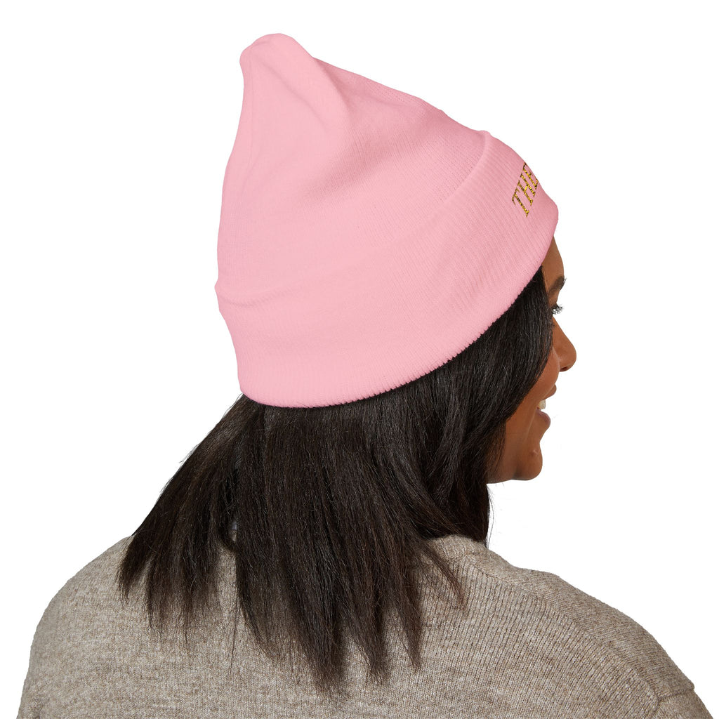 The Muse Embroidered Cuffed Beanie — Gold Script Knit Hat