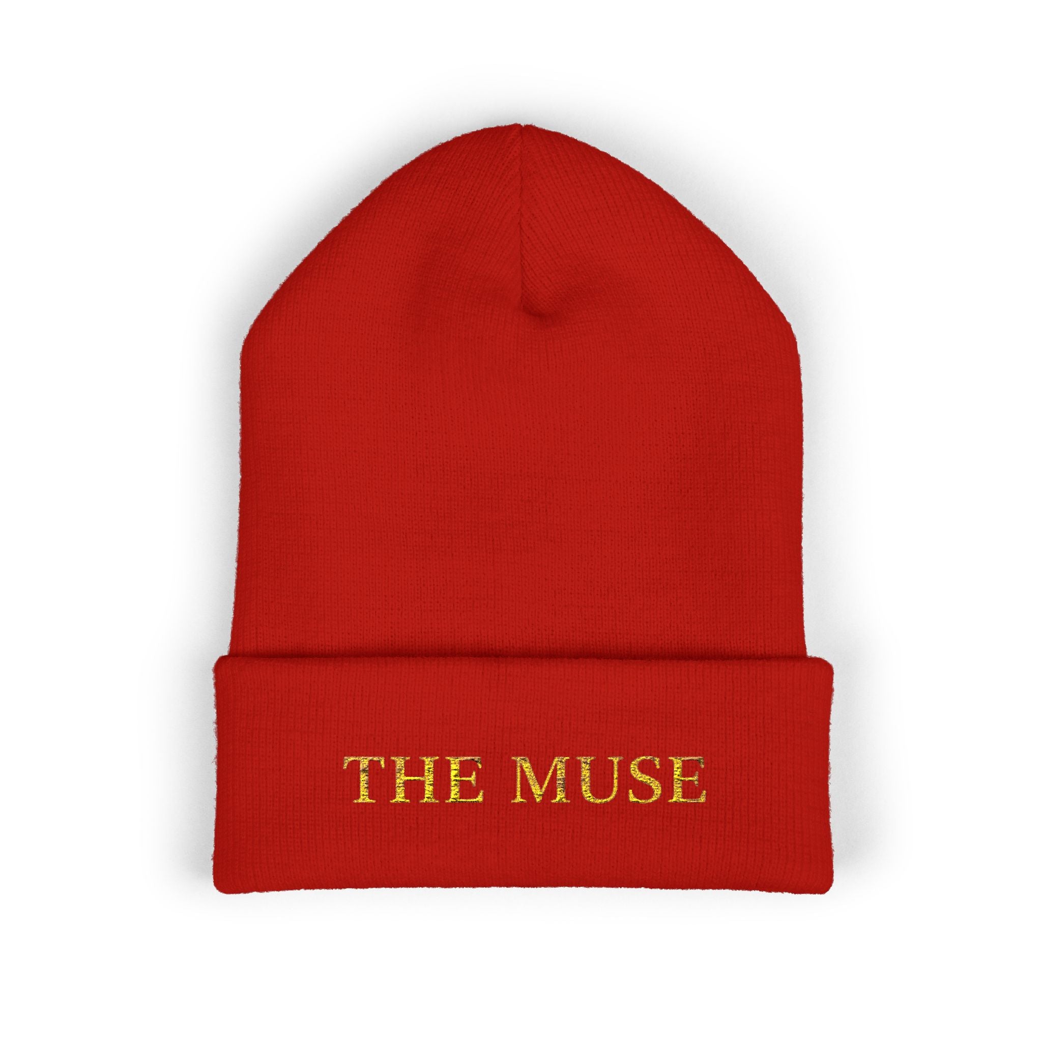 The Muse Embroidered Cuffed Beanie — Gold Script Knit Hat