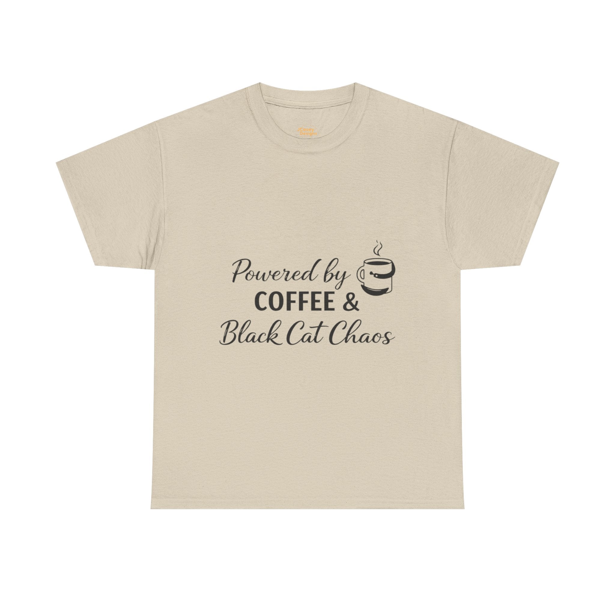 Coffee & Black Cat Tee — "Powered by Coffee & Black Cat Chaos" Graphic Shirt