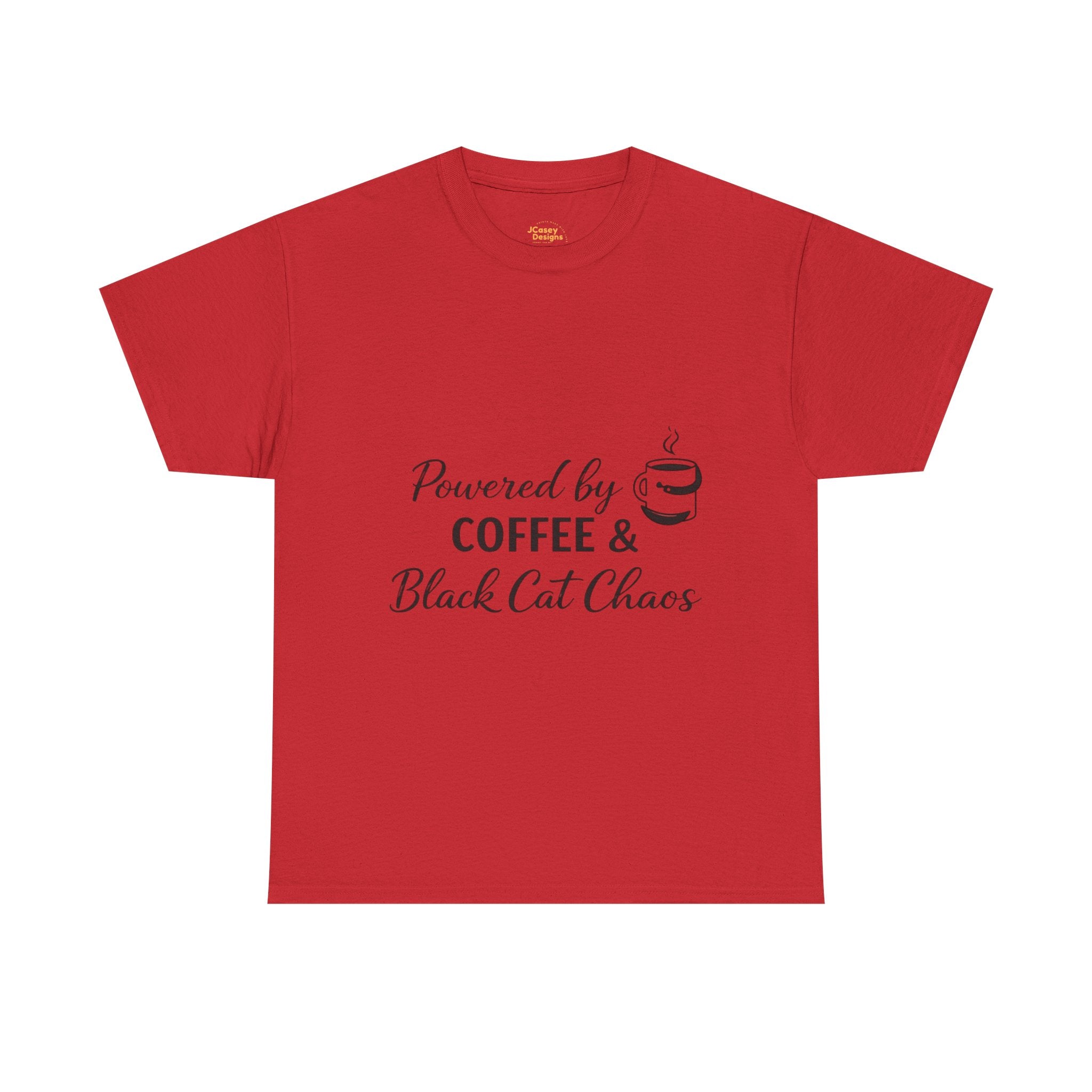 Coffee & Black Cat Tee — "Powered by Coffee & Black Cat Chaos" Graphic Shirt