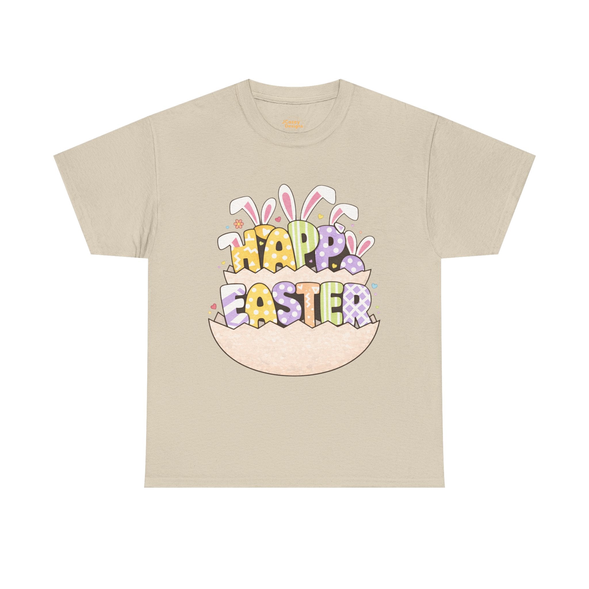 Easter Graphic Tee — "Happy Easter" Bunny Eggs & Heart Doll Print