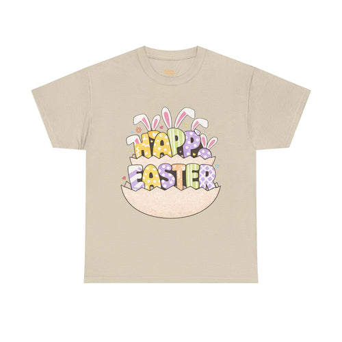 Easter Graphic Tee — "Happy Easter" Bunny Eggs & Heart Doll Print