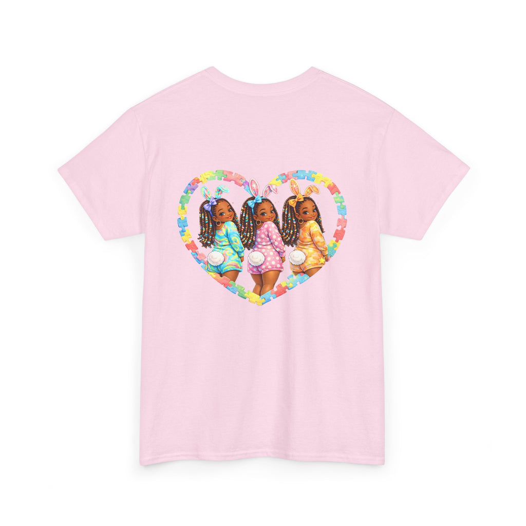Easter Graphic Tee — "Happy Easter" Bunny Eggs & Heart Doll Print