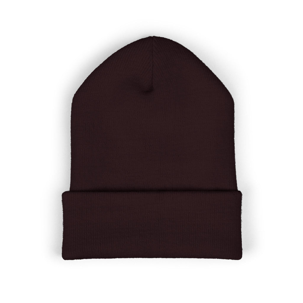 The Muse Embroidered Cuffed Beanie — Gold Script Knit Hat