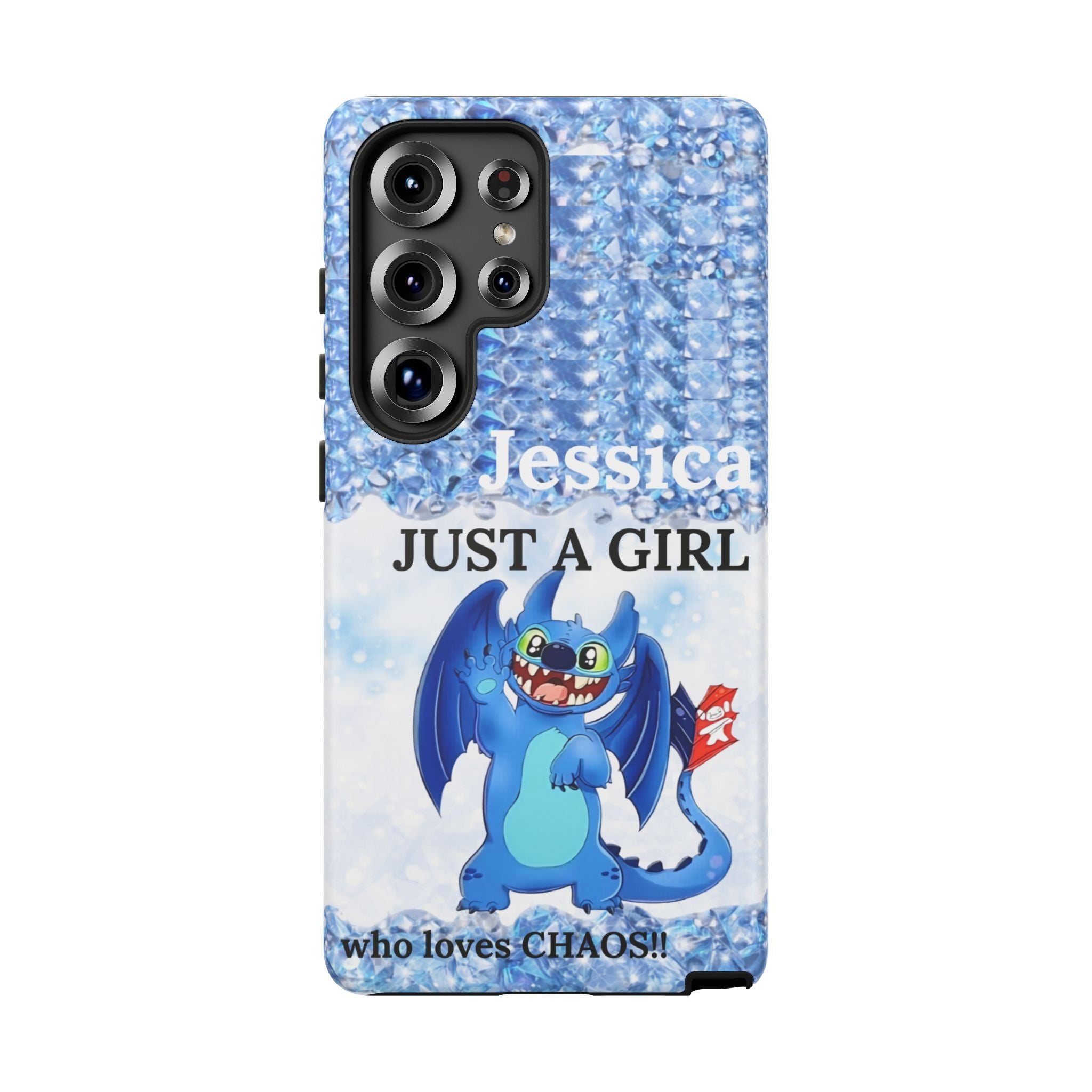 Personalized 'Jessica Just a Girl Who Loves Chaos' Blue Dragon Phone Case