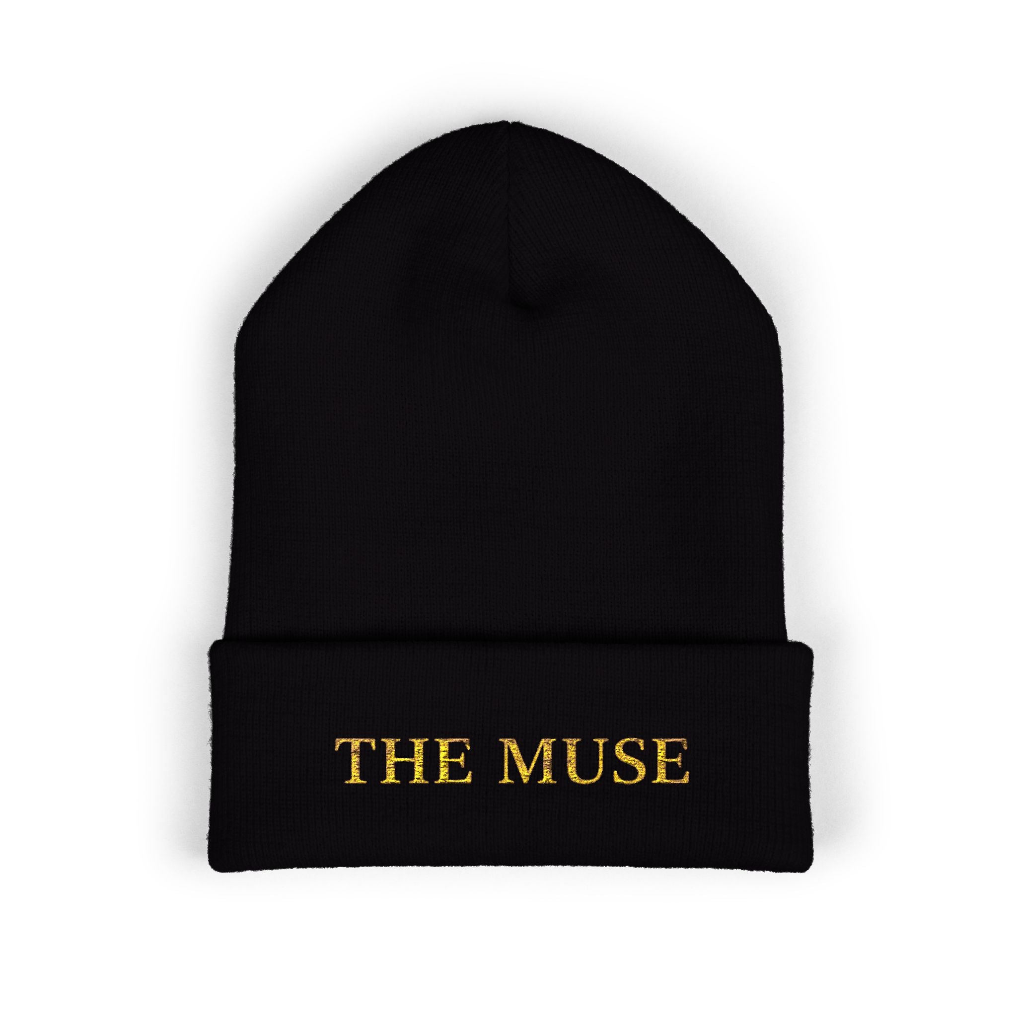The Muse Embroidered Cuffed Beanie — Gold Script Knit Hat