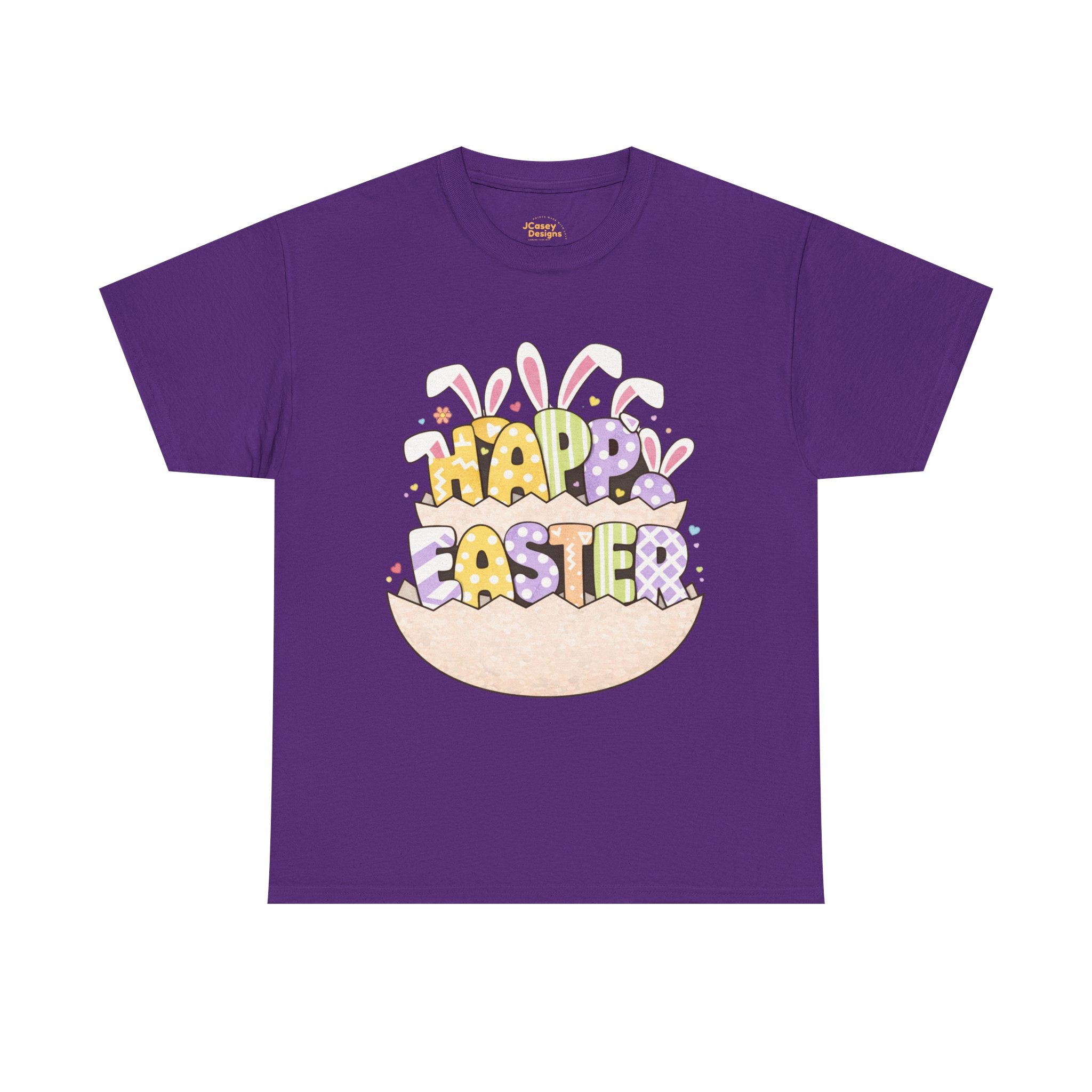 Easter Graphic Tee — "Happy Easter" Bunny Eggs & Heart Doll Print