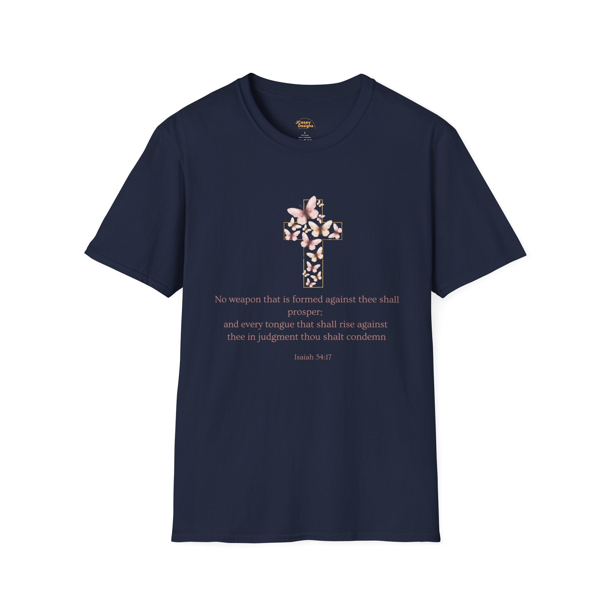 Floral Cross Scripture T-Shirt — Isaiah 54:17 Christian Faith Tee