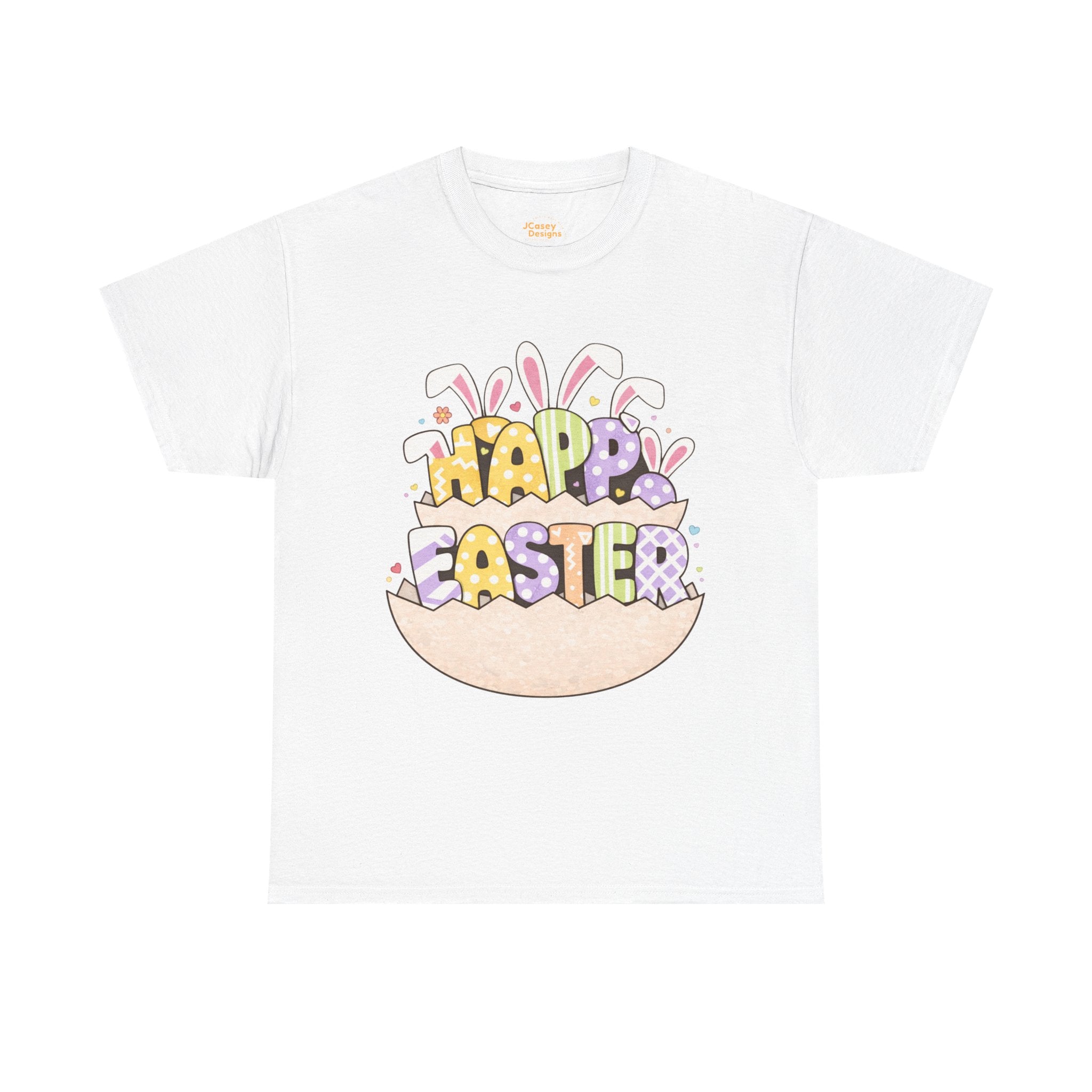 Easter Graphic Tee — "Happy Easter" Bunny Eggs & Heart Doll Print