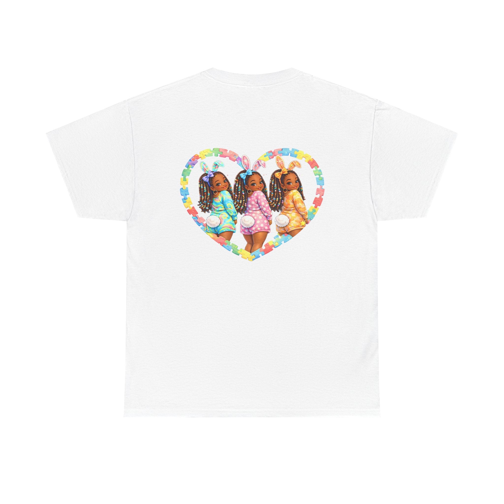 Easter Graphic Tee — "Happy Easter" Bunny Eggs & Heart Doll Print