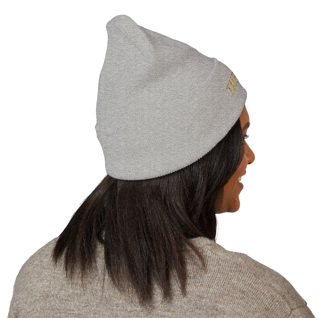 The Muse Embroidered Cuffed Beanie — Gold Script Knit Hat