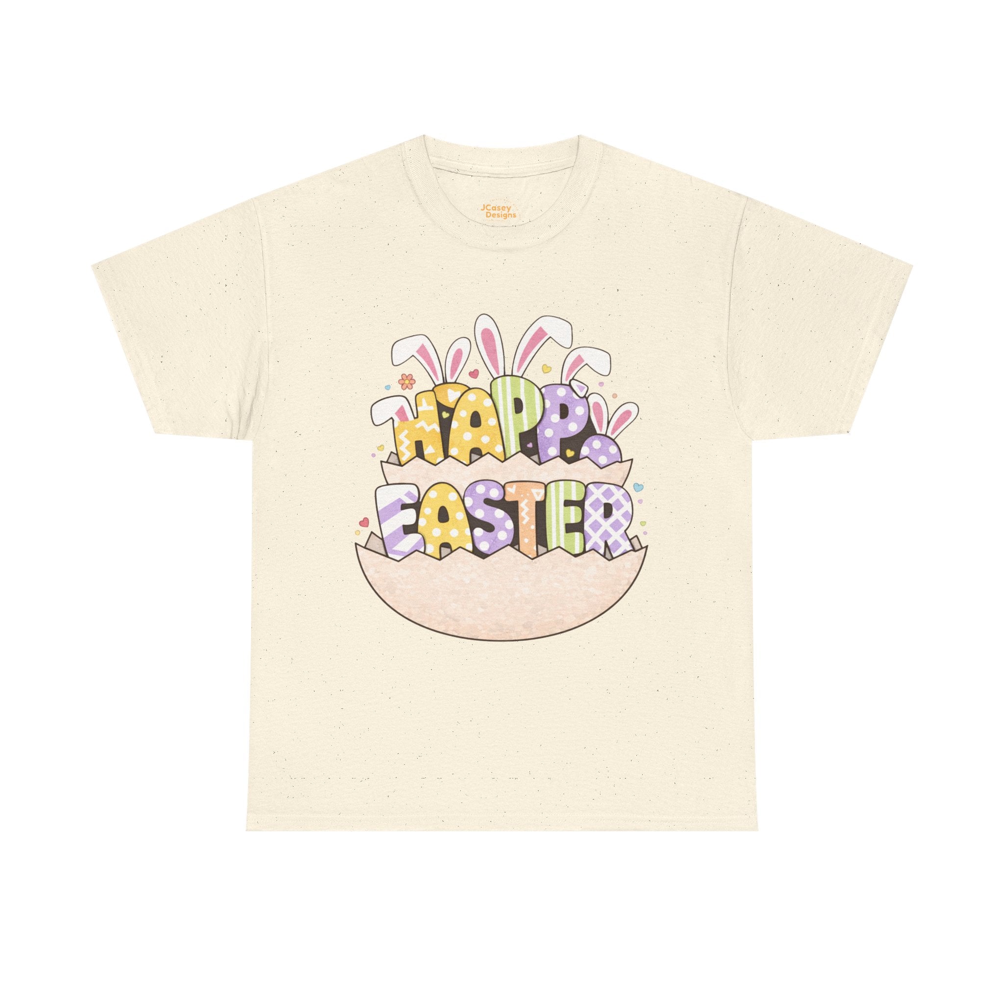 Easter Graphic Tee — "Happy Easter" Bunny Eggs & Heart Doll Print
