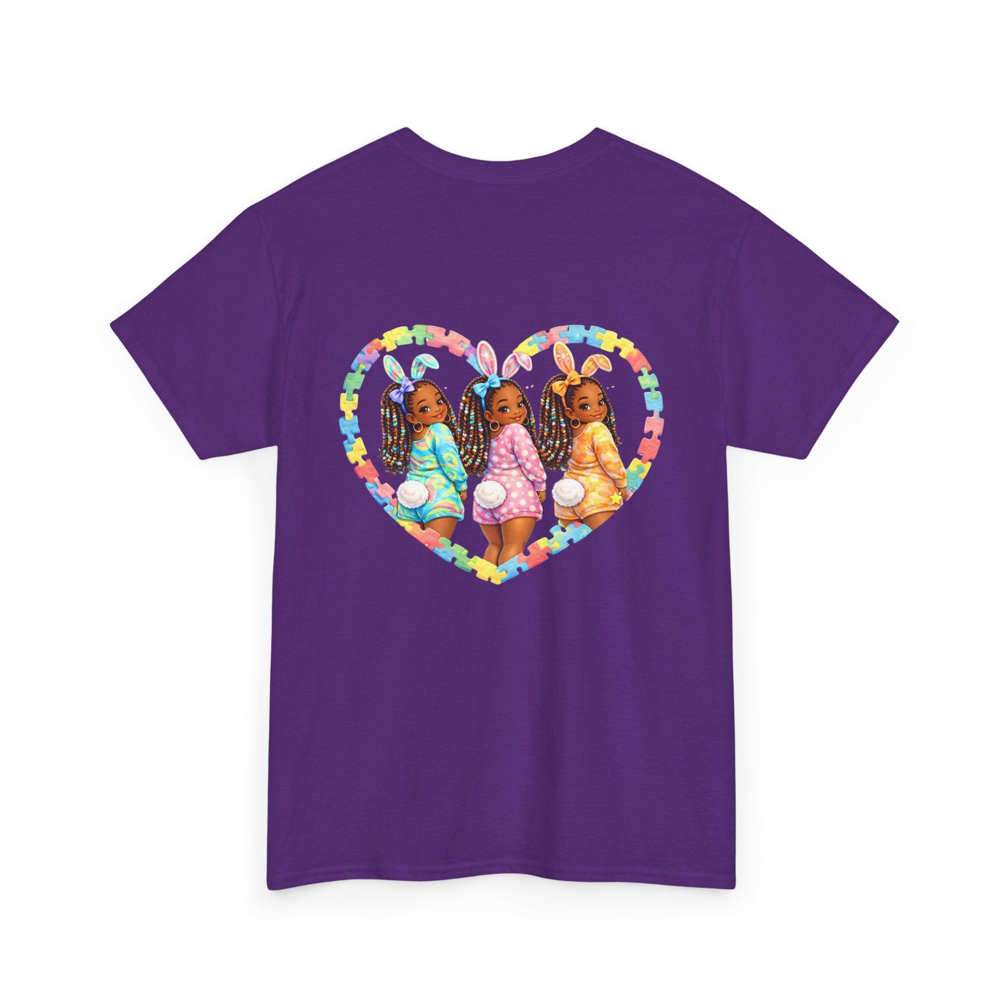 Easter Graphic Tee — "Happy Easter" Bunny Eggs & Heart Doll Print