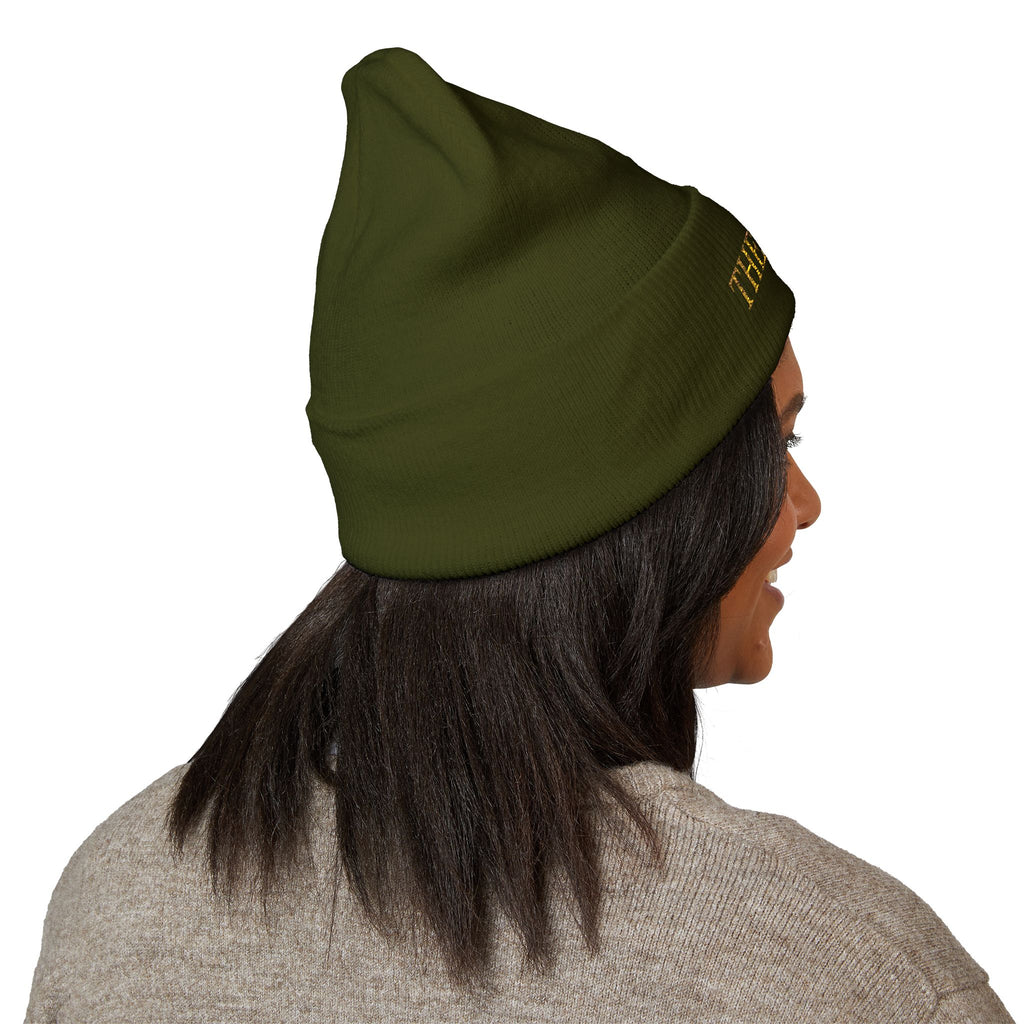 The Muse Embroidered Cuffed Beanie — Gold Script Knit Hat