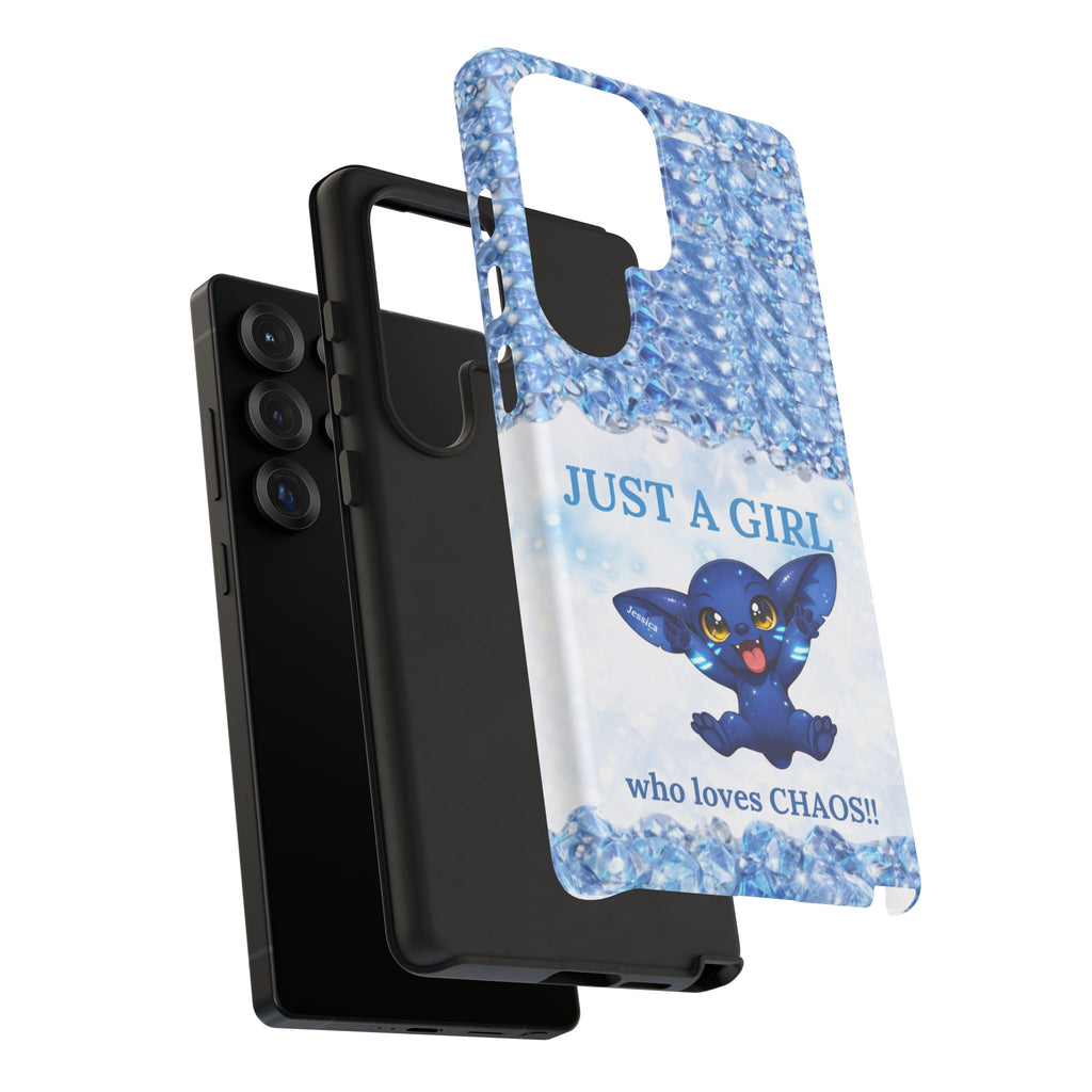 Phone Case - "Just a Girl Who Loves Chaos" Cute Blue Creature Sparkle Design