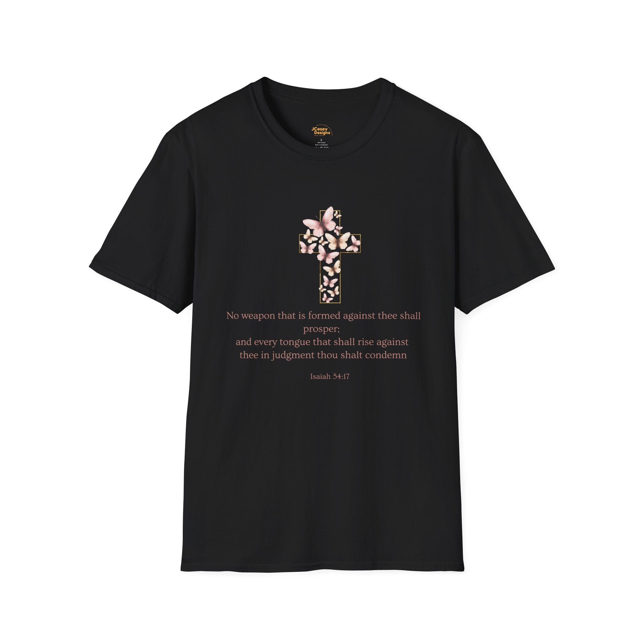 Floral Cross Scripture T-Shirt — Isaiah 54:17 Christian Faith Tee