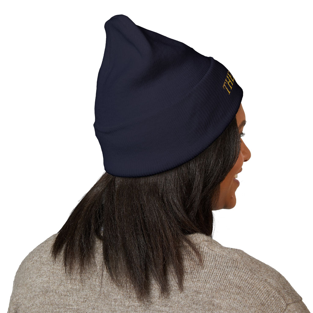 The Muse Embroidered Cuffed Beanie — Gold Script Knit Hat