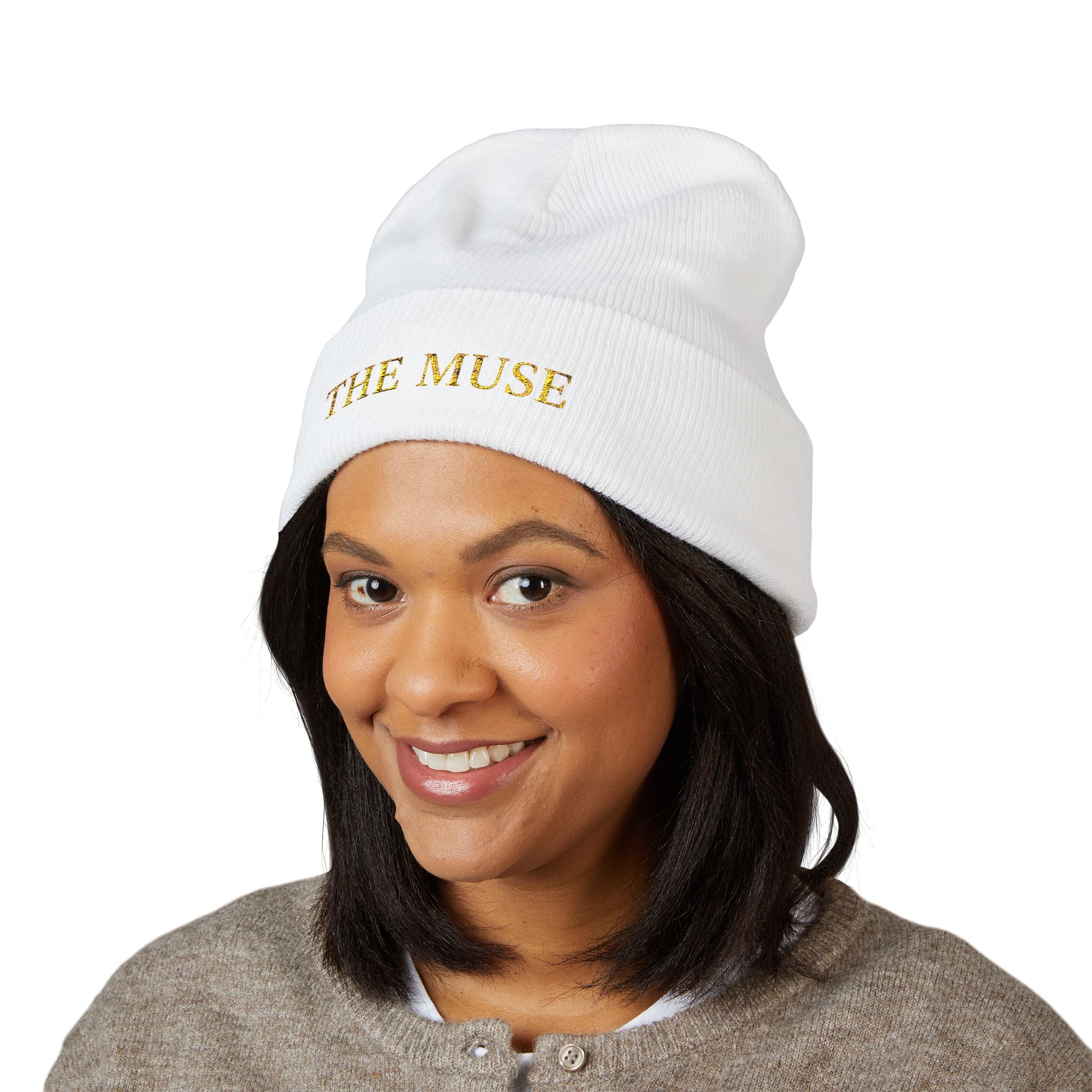 The Muse Embroidered Cuffed Beanie — Gold Script Knit Hat