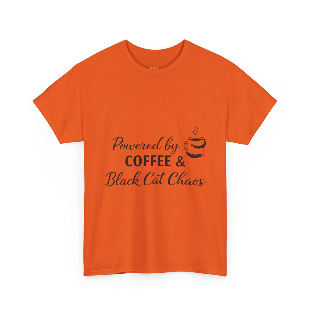 Coffee & Black Cat Tee — "Powered by Coffee & Black Cat Chaos" Graphic Shirt