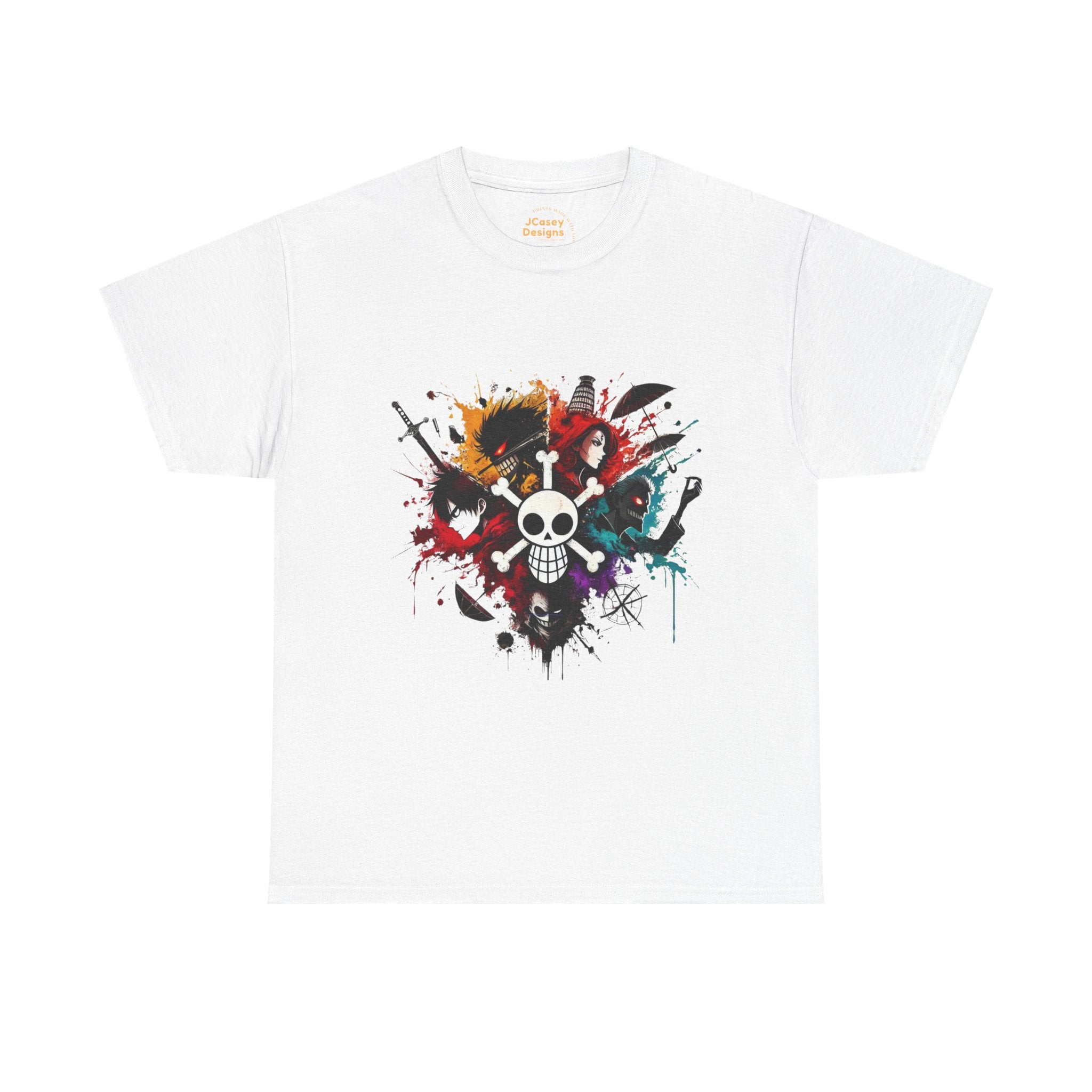 Skull & Swords Paint-Splash T-Shirt — Colorful Pirate Skull Graphic Tee