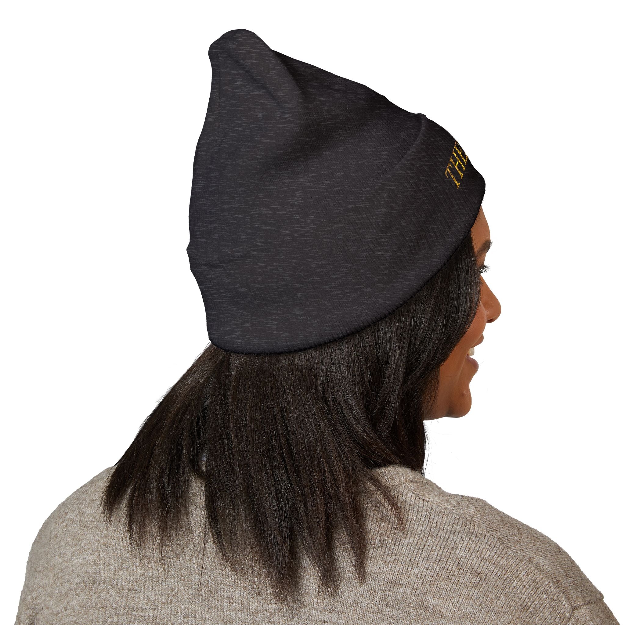 The Muse Embroidered Cuffed Beanie — Gold Script Knit Hat