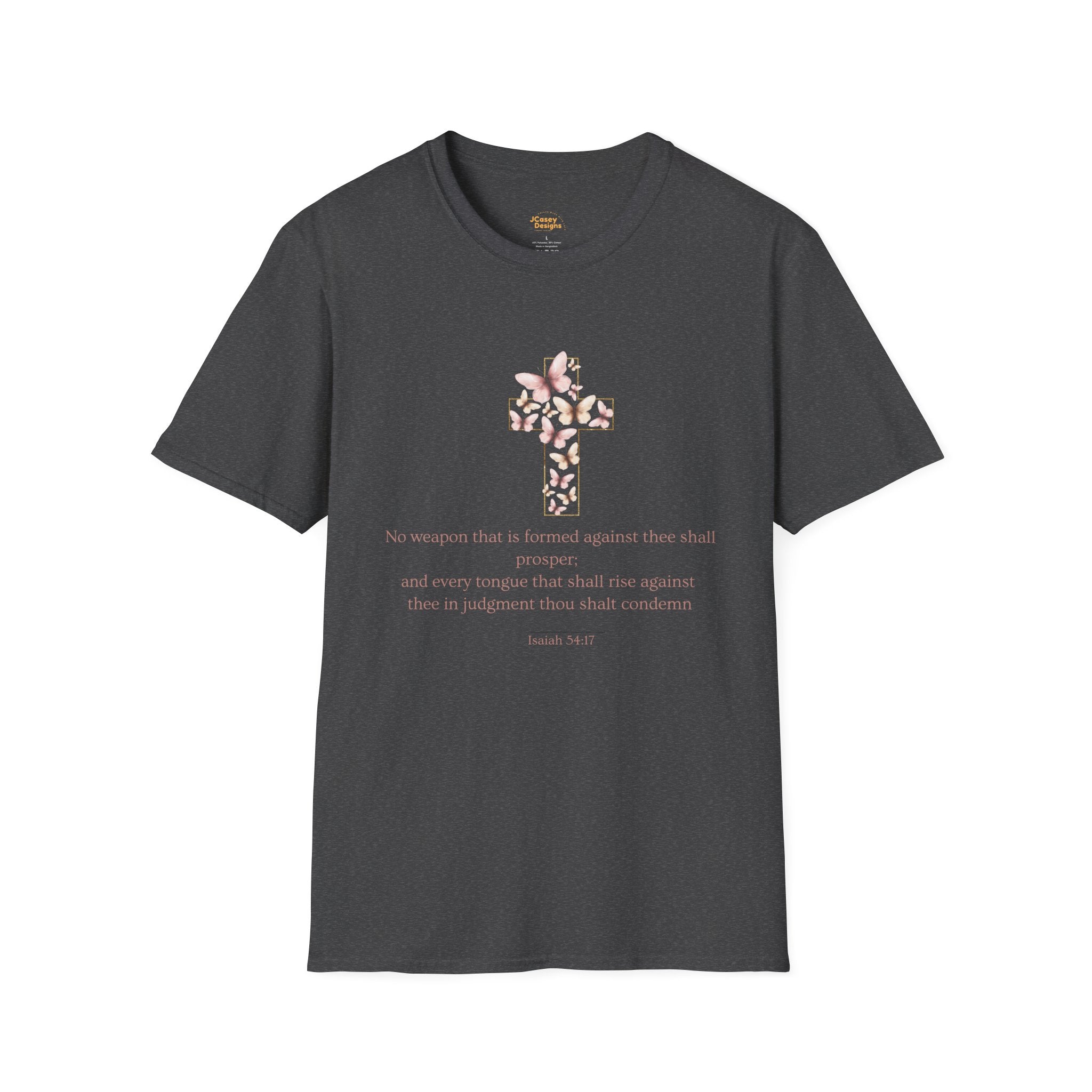 Floral Cross Scripture T-Shirt — Isaiah 54:17 Christian Faith Tee