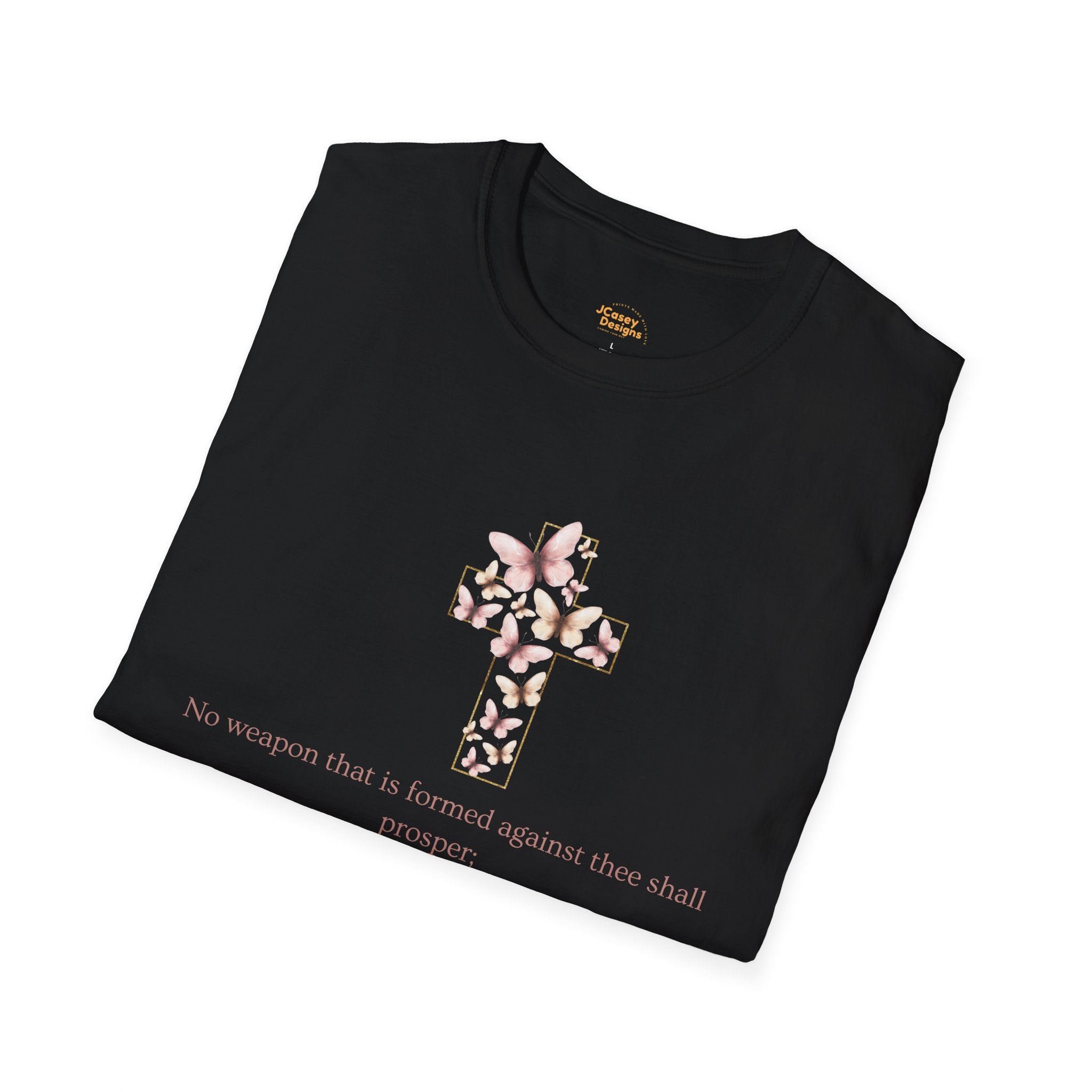 Floral Cross Scripture T-Shirt — Isaiah 54:17 Christian Faith Tee