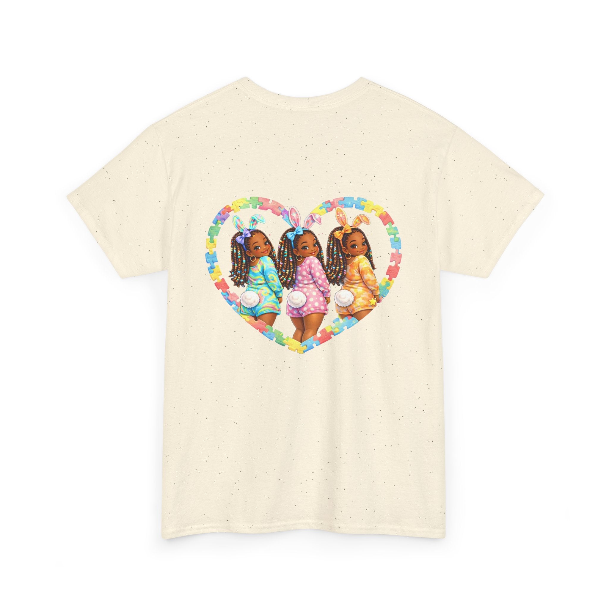 Easter Graphic Tee — "Happy Easter" Bunny Eggs & Heart Doll Print
