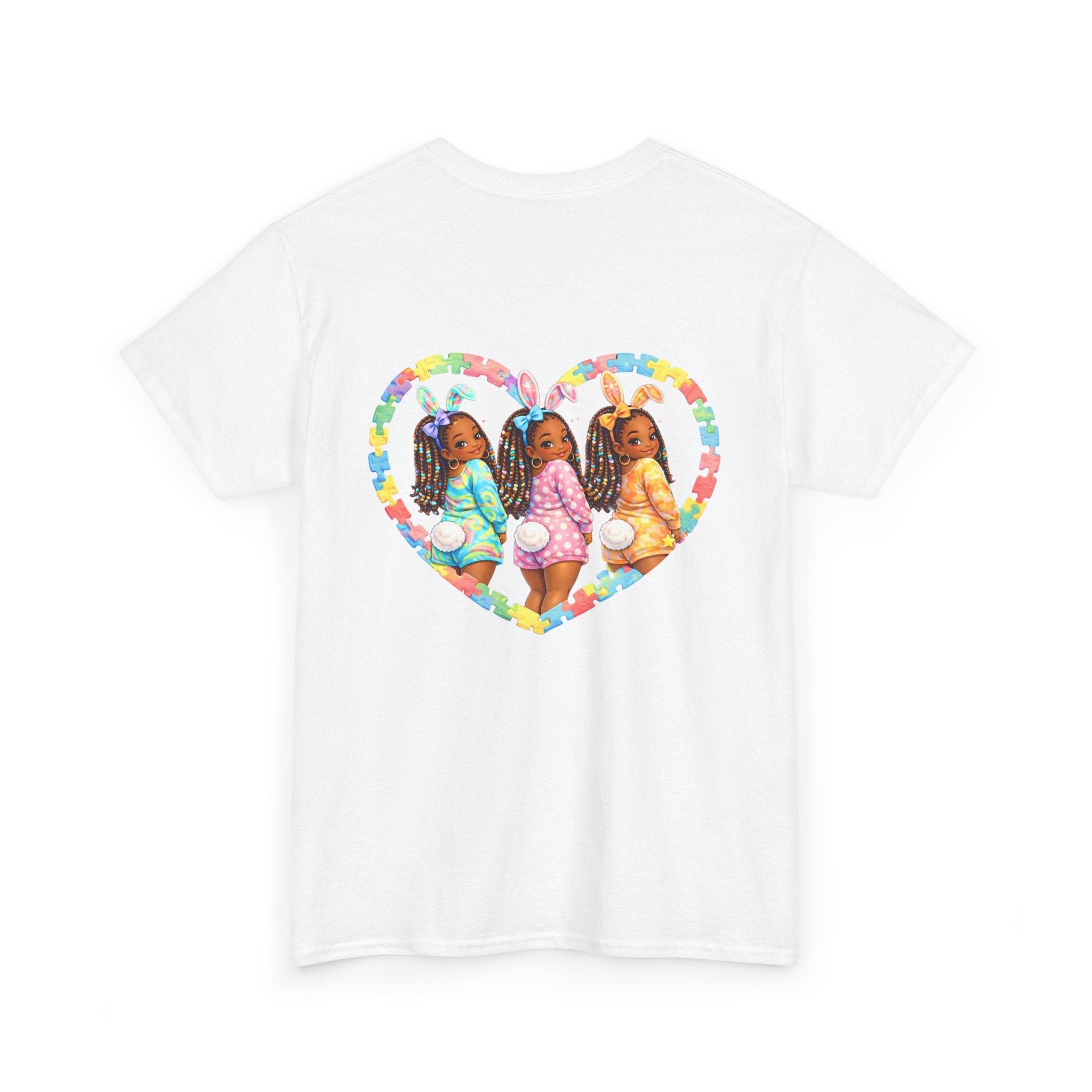 Easter Graphic Tee — "Happy Easter" Bunny Eggs & Heart Doll Print