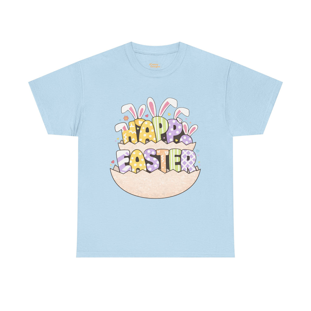 Easter Graphic Tee — "Happy Easter" Bunny Eggs & Heart Doll Print