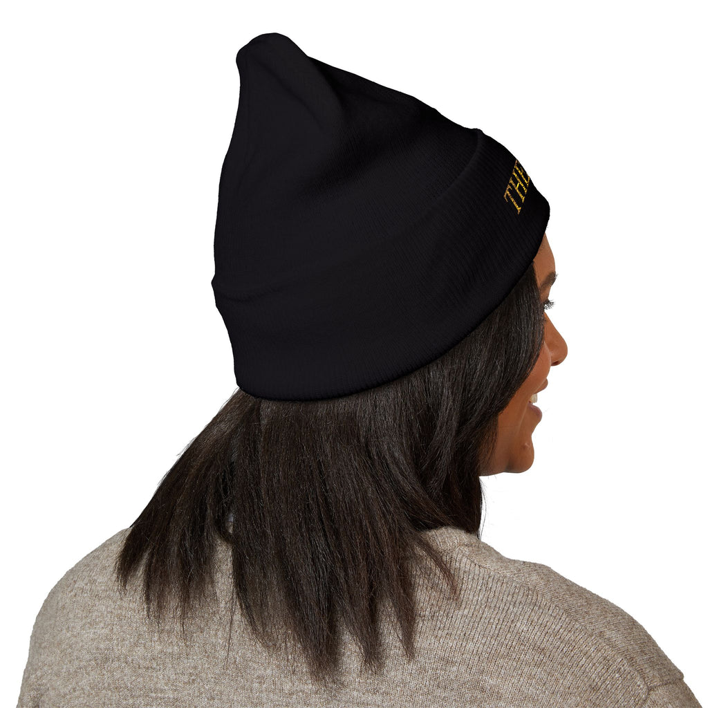 The Muse Embroidered Cuffed Beanie — Gold Script Knit Hat