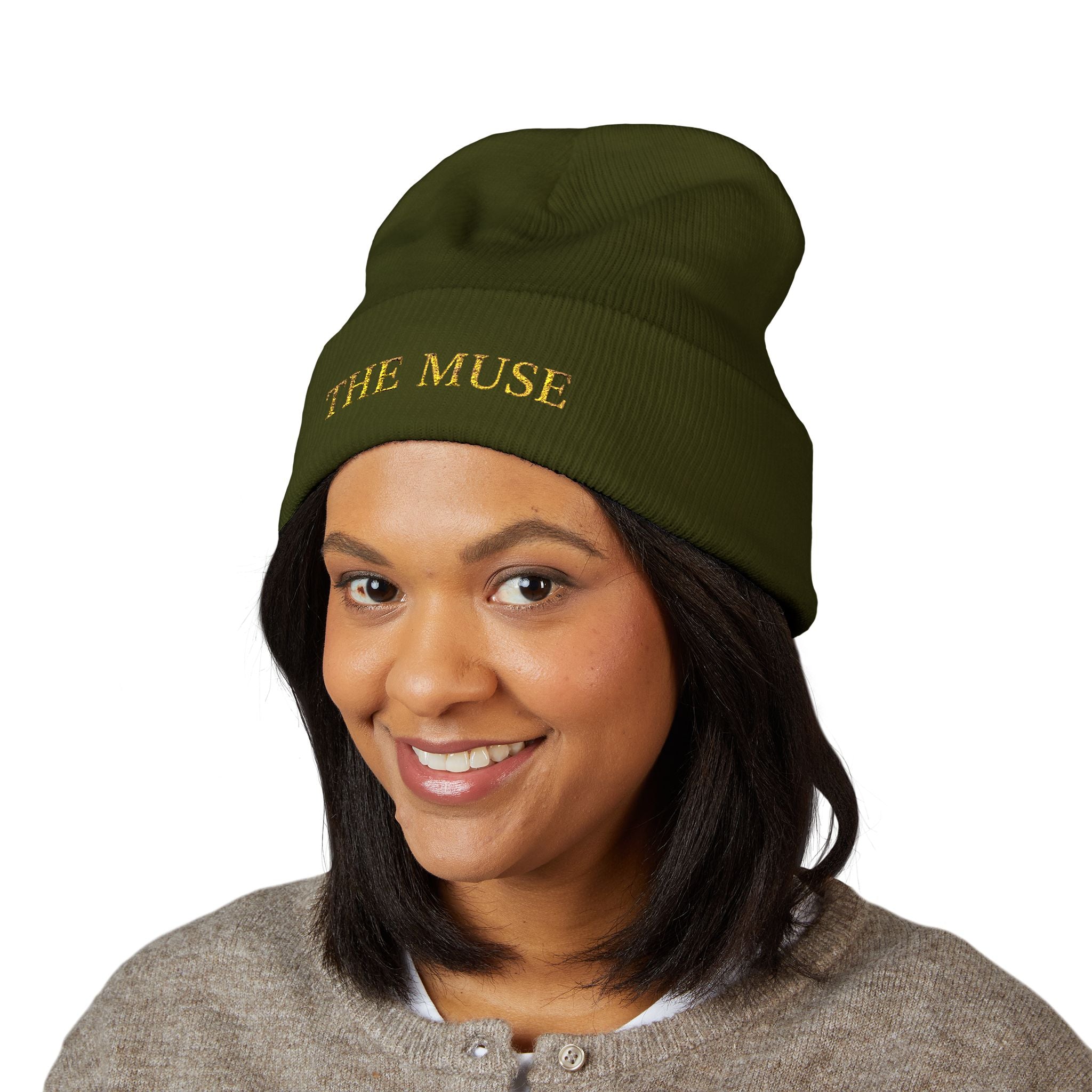 The Muse Embroidered Cuffed Beanie — Gold Script Knit Hat