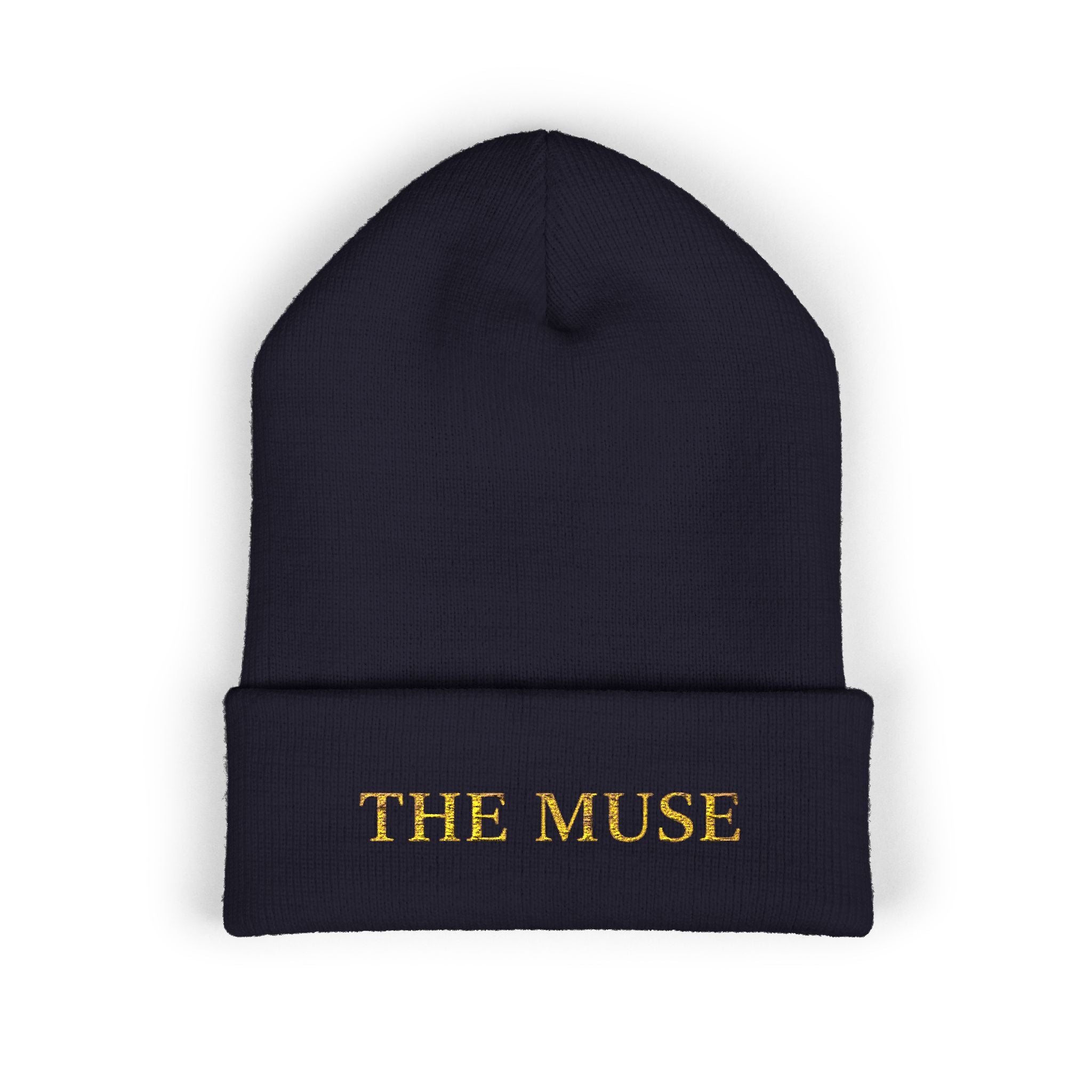 The Muse Embroidered Cuffed Beanie — Gold Script Knit Hat