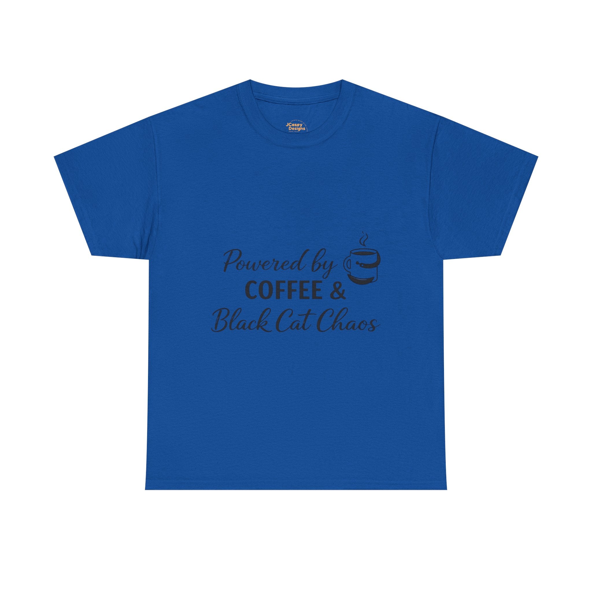 Coffee & Black Cat Tee — "Powered by Coffee & Black Cat Chaos" Graphic Shirt