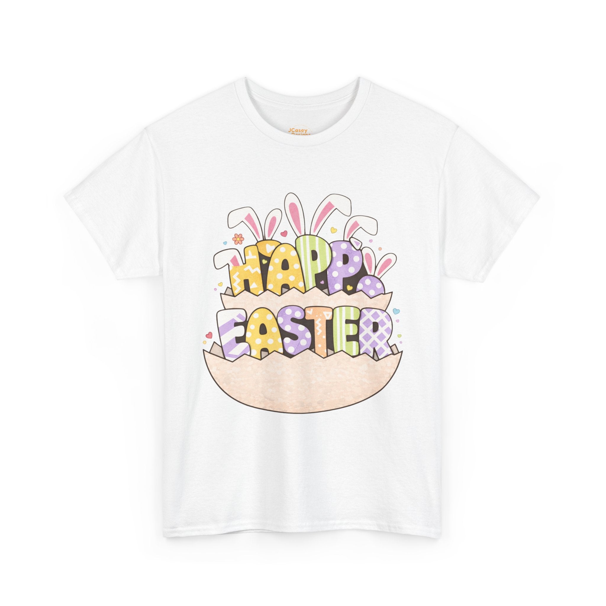 Easter Graphic Tee — "Happy Easter" Bunny Eggs & Heart Doll Print