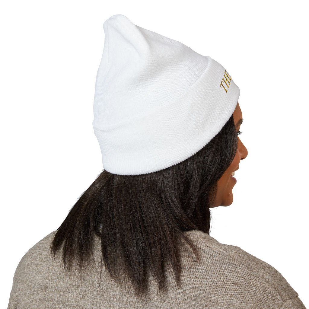 The Muse Embroidered Cuffed Beanie — Gold Script Knit Hat
