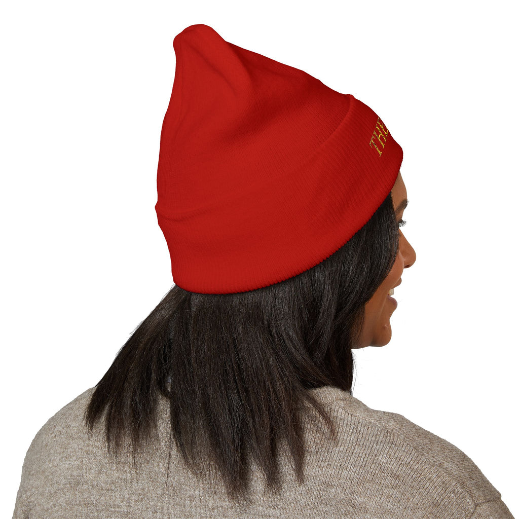 The Muse Embroidered Cuffed Beanie — Gold Script Knit Hat