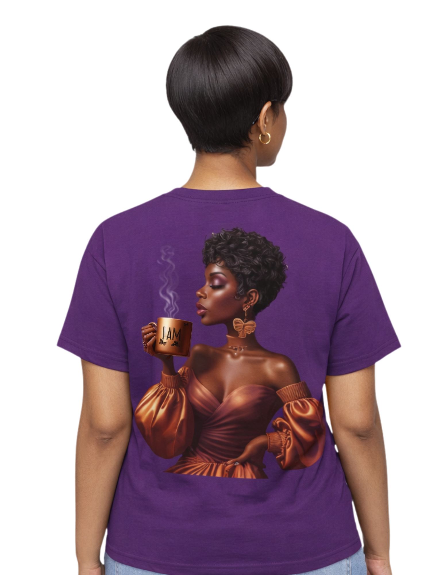 Capricorn Zodiac Tee — Dark Skin Afro Woman Holding Mug Graphic T-Shirt