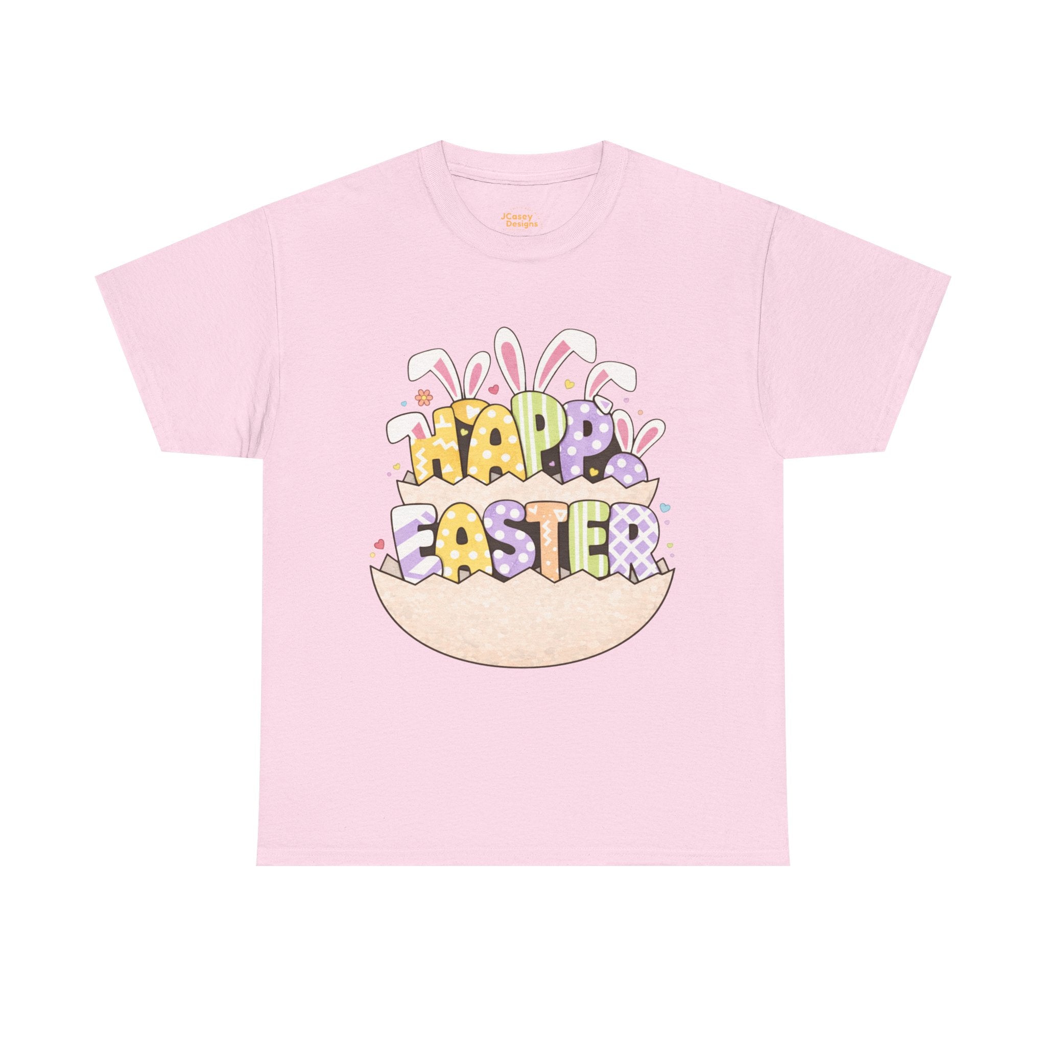 Easter Graphic Tee — "Happy Easter" Bunny Eggs & Heart Doll Print