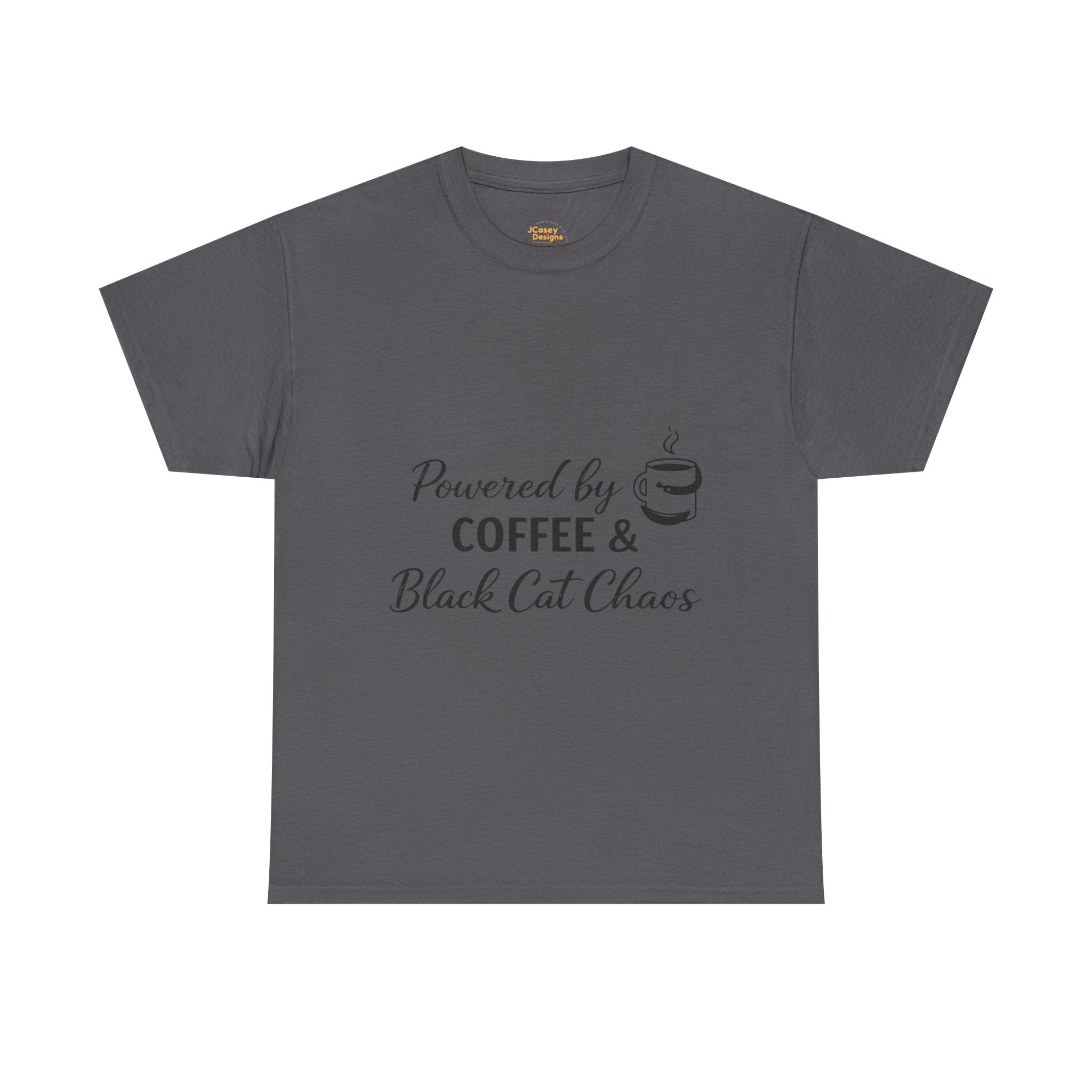 Coffee & Black Cat Tee — "Powered by Coffee & Black Cat Chaos" Graphic Shirt