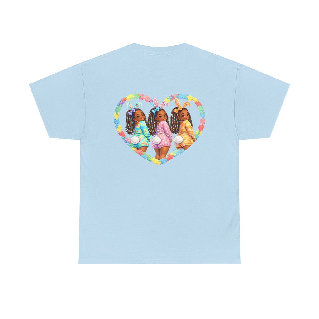 Easter Graphic Tee — "Happy Easter" Bunny Eggs & Heart Doll Print