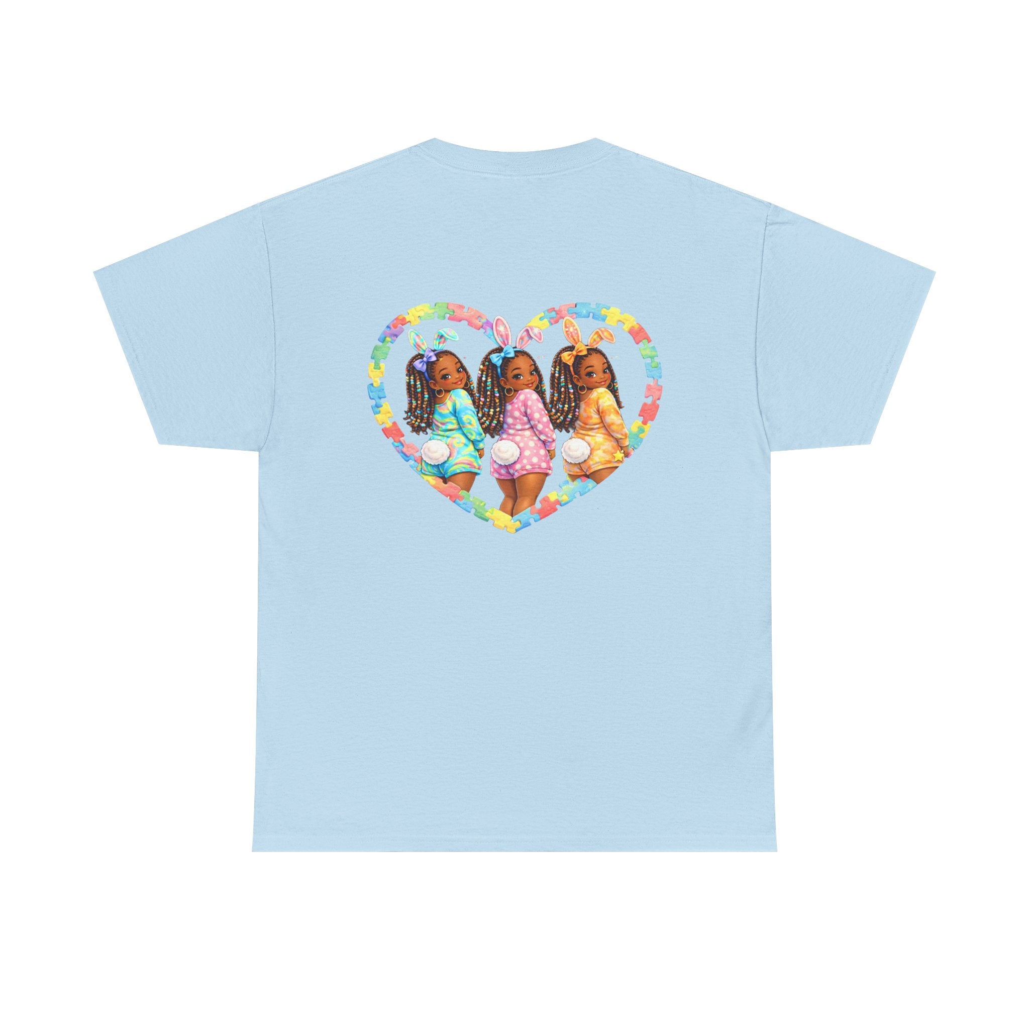 Easter Graphic Tee — "Happy Easter" Bunny Eggs & Heart Doll Print
