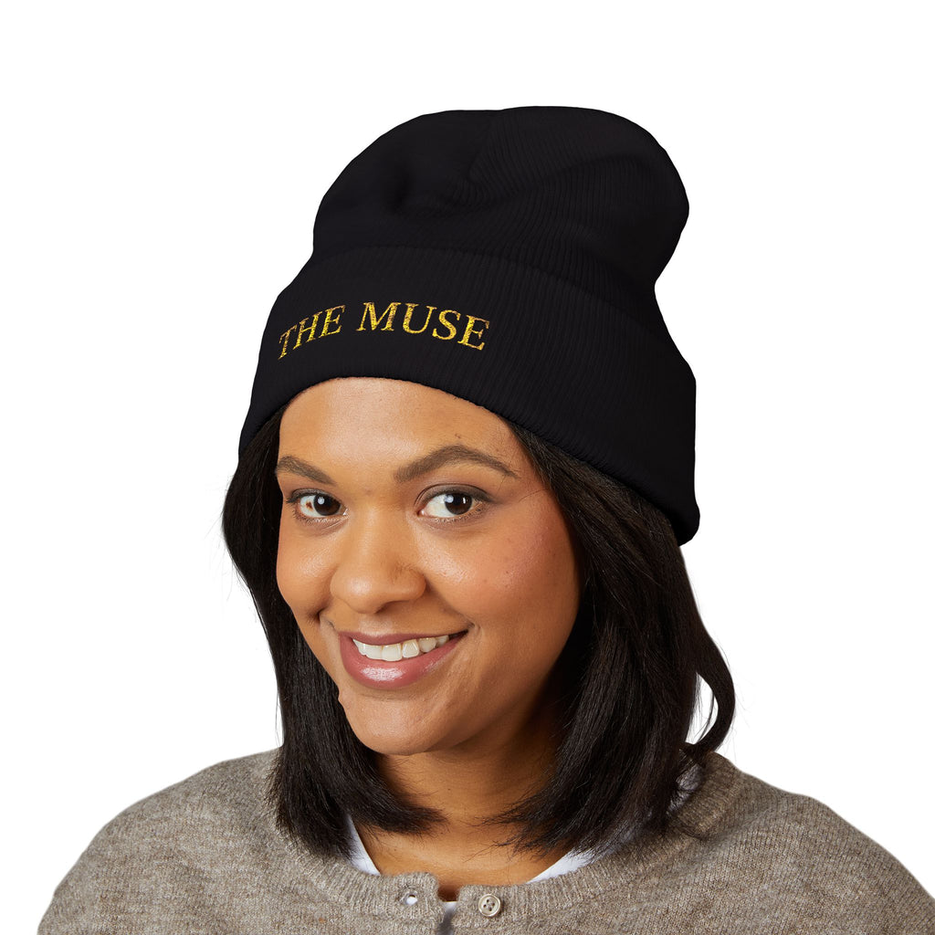 The Muse Embroidered Cuffed Beanie — Gold Script Knit Hat