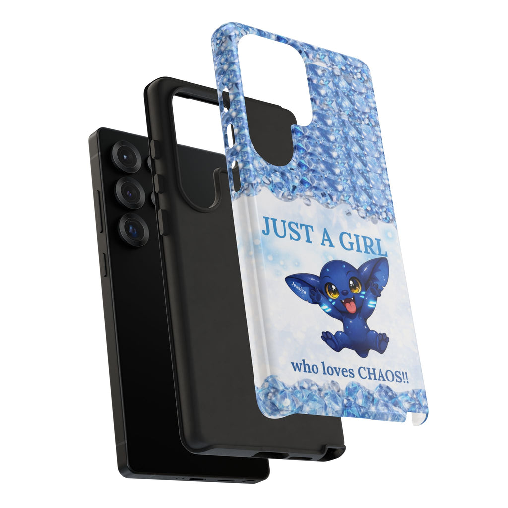 Phone Case - "Just a Girl Who Loves Chaos" Cute Blue Creature Sparkle Design