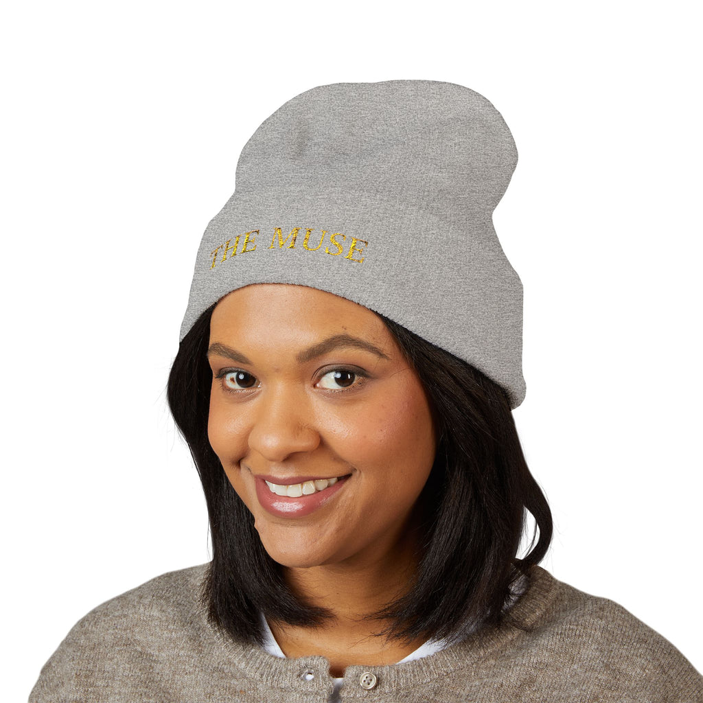The Muse Embroidered Cuffed Beanie — Gold Script Knit Hat