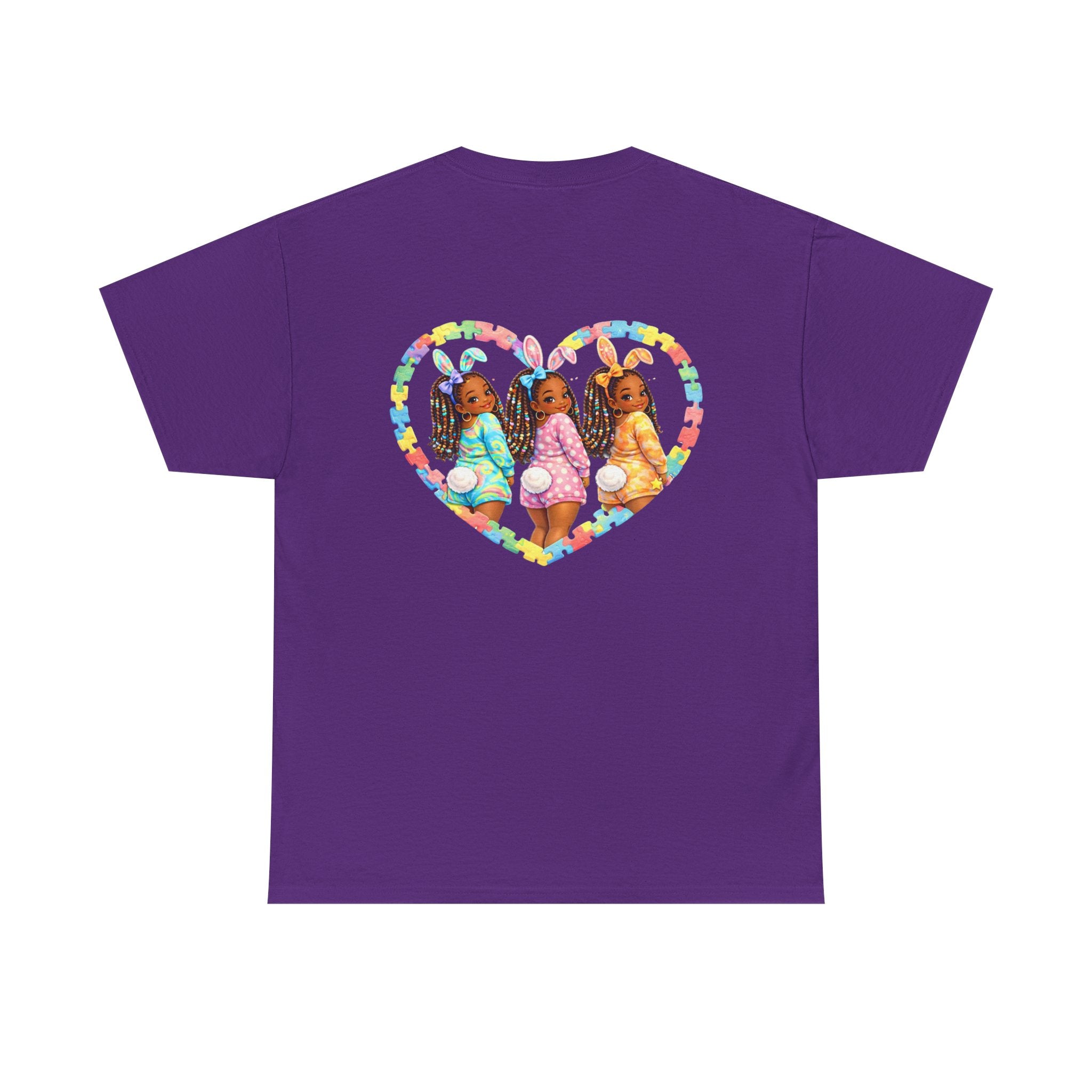 Easter Graphic Tee — "Happy Easter" Bunny Eggs & Heart Doll Print