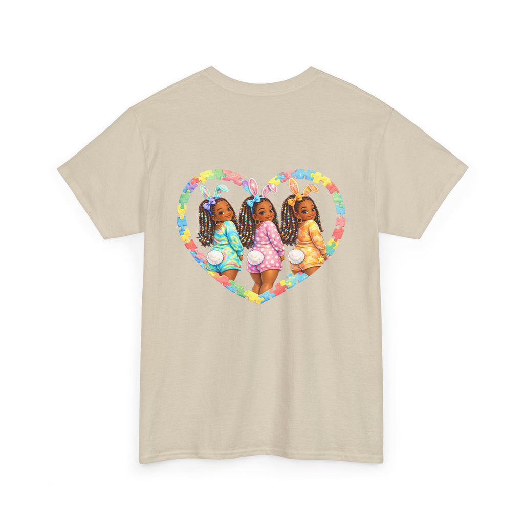 Easter Graphic Tee — "Happy Easter" Bunny Eggs & Heart Doll Print