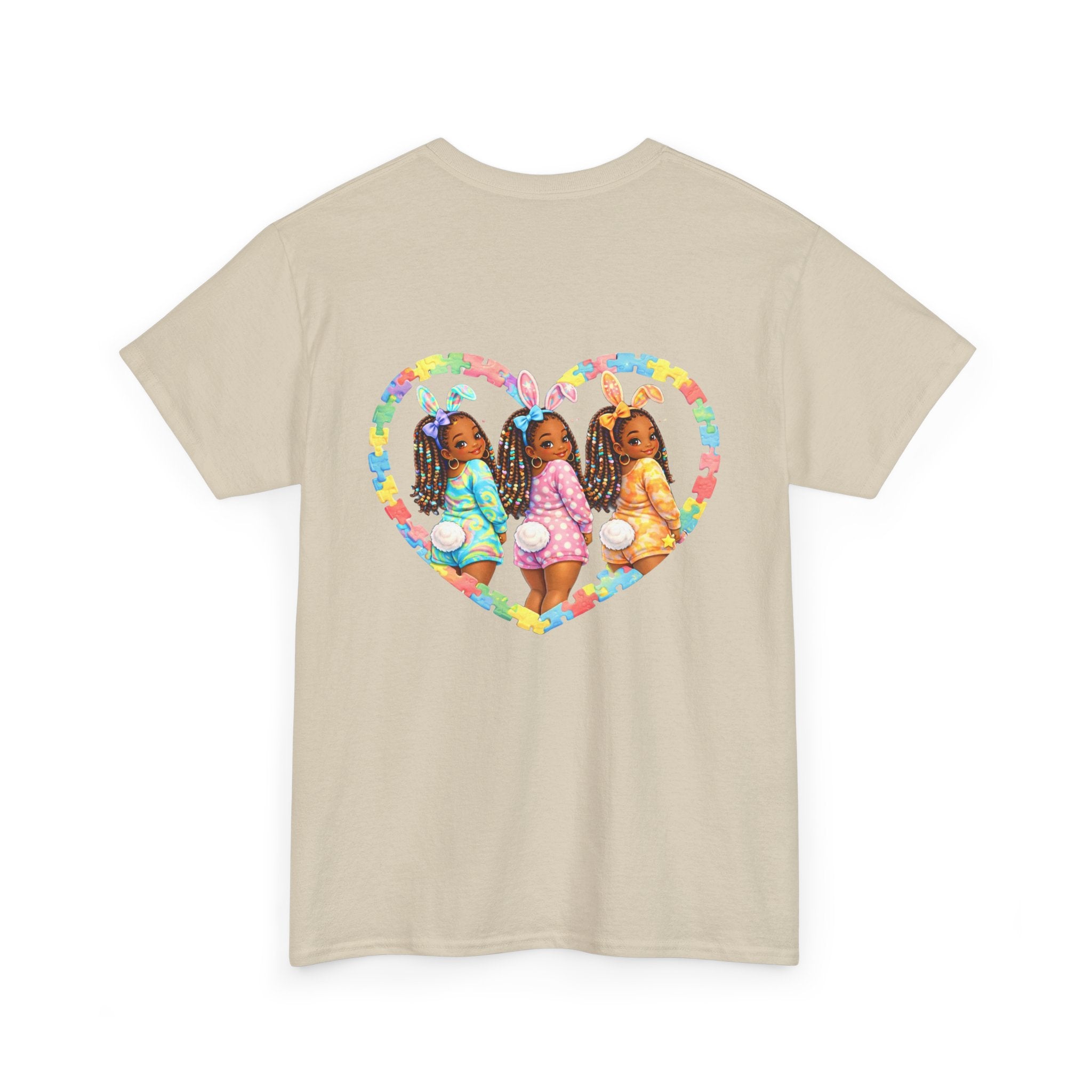 Easter Graphic Tee — "Happy Easter" Bunny Eggs & Heart Doll Print