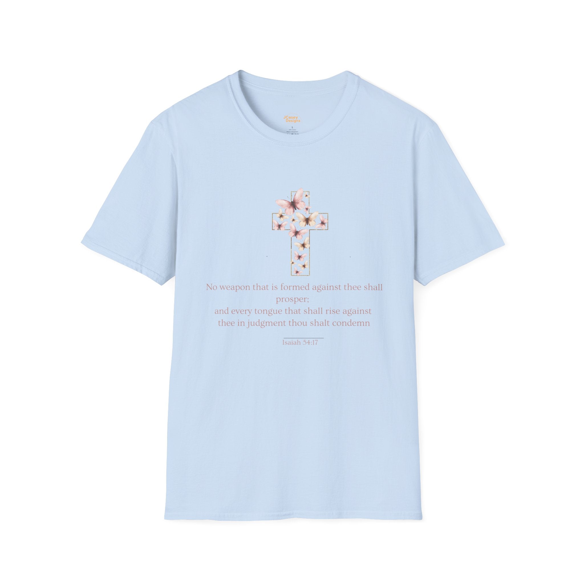 Floral Cross Scripture T-Shirt — Isaiah 54:17 Christian Faith Tee