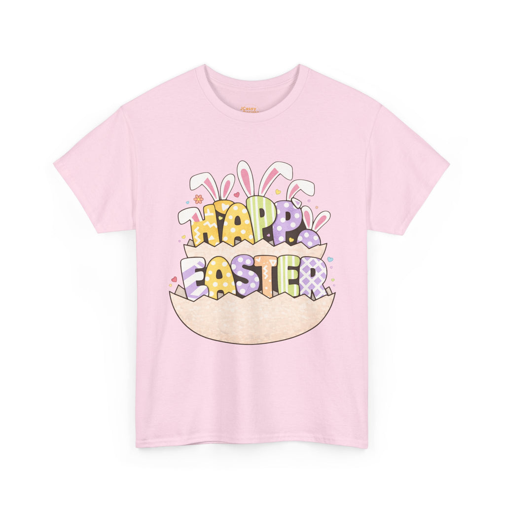 Easter Graphic Tee — "Happy Easter" Bunny Eggs & Heart Doll Print